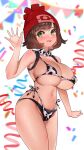  1girl :p alternate_breast_size animal_print bangs beanie bikini blush bow bowtie breasts brown_hair cow_print detached_collar green_eyes hand_up hat large_breasts looking_at_viewer micro_bikini multi-strapped_bikini navel pokemon pokemon_(game) pokemon_sm red_headwear selene_(pokemon) short_hair side-tie_bikini smile solo sumisumii swimsuit tongue tongue_out 