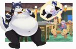  2021 anthro bottomwear brown_body brown_fur canid canine clothing eating eulipotyphlan food fur great_red_siberian group hedgehog hi_res human inside kemono majiro_the_hedgehog male mammal obese obese_male overweight overweight_male pants princess_syalis sitting sleepy_princess_in_the_demon_castle taka_fin9623 ursid weight_gain white_body white_fur wings 