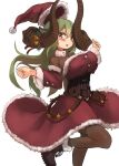  159cm 1girl :o ankle_boots belt blush bodystocking boots breasts brown_belt brown_footwear curled_horns detached_sleeves dot_nose floating_hair fur-trimmed_headwear fur-trimmed_sleeves fur_trim gran-chan_(159cm) green_hair grey_eyes hat heterochromia horn_bell horn_ornament horn_ribbon horns large_breasts long_sleeves looking_at_viewer original parted_lips red_headwear red_ribbon ribbon santa_costume santa_dress santa_hat simple_background solo standing standing_on_one_leg white_background yellow_eyes 