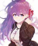  1girl bangs black_jacket breasts chip_le_cree dress fate/stay_night fate_(series) hair_ribbon jacket long_hair long_sleeves looking_at_viewer matou_sakura petals purple_eyes purple_hair ribbon smile white_dress 