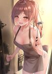  1girl :d apron bare_shoulders breasts brown_hair collarbone cowboy_shot fang hair_ornament hairclip highres holding karu_(qqqtyann) ladle leaning_forward long_hair looking_at_viewer medium_breasts naked_apron open_mouth orange_eyes original ponytail side-tie_peek smile solo x_hair_ornament 