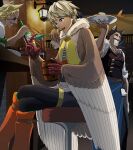  4boys :d absurdres alcohol animal_ears beer_mug blonde_hair boots brown_hair cup eyepatch facial_hair feathered_wings fish food highres indoors knee_boots lantern mimizuku_suana mug multiple_boys mustache open_mouth orange_footwear pixiv_fantasia_mountain_of_heaven purple_eyes sitting smile standing stool talons tray waiter wings wolf_ears 