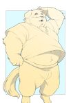  2021 anthro belly bottomwear canid canine canis clothing domestic_dog eyes_closed humanoid_hands inunoshippo kemono male mammal overweight overweight_male pants shirt simple_background solo topwear 