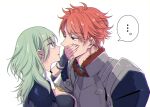  ... 1boy 1girl arm_up armor bangs blue_eyes blue_hair breastplate breasts buttons byleth_(fire_emblem) byleth_(fire_emblem)_(female) chromatic_aberration collar commentary_request couple eye_contact eyebrows_visible_through_hair face-to-face fire_emblem fire_emblem:_three_houses from_side fudou_(kakko_kari) fur-trimmed_collar fur_trim hair_between_eyes hand_on_another&#039;s_mouth hetero long_hair looking_at_another orange_hair parted_lips short_hair shoulder_armor sidelocks sylvain_jose_gautier upper_body wavy_hair white_collar 