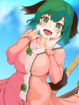  1girl animal_ears bamboo_broom blue_sky blush breasts broom cloud commentary_request day dress eyebrows_visible_through_hair green_eyes green_hair hekiga_(freelot) highres kasodani_kyouko large_breasts long_sleeves open_mouth pink_dress short_hair sky smile solo tail tail_wagging teeth touhou 