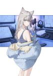  1girl animal_ear_fluff animal_ears bangs bare_shoulders blue_eyes blush cat_ears chair controller cowboy_shot cup desk drawing_tablet drinking from_side game_console hair_ornament hand_up headphones highres holding holding_cup hood jacket letterboxed looking_at_viewer looking_to_the_side medium_hair microphone mo_(428clv) monitor original outside_border pink_hair playstation_4 shirt sidelocks sleeveless sleeveless_shirt solo standing stuffed_animal stuffed_toy thighs x_hair_ornament 