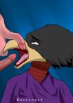  anthro avian beak big_penis bird black_hair clothing corvid corvus_(genus) crow fumikage_tokoyami genitals group hair hi_res human humanoid male male/male mammal my_hero_academia open_mouth oscine passerine penis plumage purple_clothing red_eyes sex tongue tongue_out 