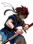  1boy angry belt blue_eyes chrono_trigger closed_mouth crono_(chrono_trigger) from_side headband highres holding holding_sword holding_weapon katana male_focus muscular muscular_male orange_hair pants peiroke scarf sheath short_hair short_sleeves solo spiked_hair sword tunic unsheathing weapon white_background wristband 