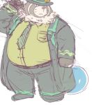  2021 anthro bottomwear brown_body brown_fur canid canine clothing fur hat headgear headwear kemono live-a-hero low_res male mammal natamaru_a necktie overweight overweight_male pants raccoon_dog shirt shoen sketch solo tanuki topwear video_games 