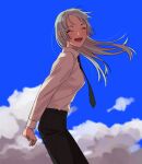  1girl ^_^ ^o^ arms_behind_back black_neckwear black_pants blue_sky blush breasts closed_eyes cloud cloudy_sky collared_shirt commentary cowboy_shot day dress_shirt from_side highres jujutsu_kaisen laughing light_blue_hair long_hair looking_at_viewer medium_breasts miwa_kasumi necktie open_mouth outdoors pants shirt sky smile solo straight_hair tachibanakimi white_shirt wings 