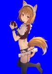  1girl animal_ear_fluff animal_ears ass asymmetrical_hair bangs black_legwear blonde_hair blue_background blush bowl breasts bridal_gauntlets butt_crack commentary_request cookie_(touhou) covered_nipples crop_top eyebrows_visible_through_hair foot_out_of_frame fox_ears fox_girl fox_tail garter_belt highres holding leg_up looking_at_viewer maid_headdress medium_breasts microskirt miramikaru_riran open_mouth panties red_eyes red_panties red_shirt rice_bowl shirt short_hair short_sleeves side-tie_panties sidelocks simple_background skindentation skirt solo sy4 tail thighhighs underwear 