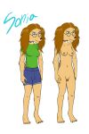  aceheart anatomically anatomically_correct anatomically_correct_genitalia anatomically_correct_pussy anthro blue_eyes bottomwear brown_body brown_fur brown_hair brown_nipples canid canine clothing collar cutoffs denim denim_clothing eyewear female front_pussy fur genitals glasses green_clothing green_shirt green_topwear hair mammal model_sheet nipples pigtails pussy shirt shorts solo sonia tight_clothing tight_shirt tight_topwear topwear twintails_(hairstyle) 