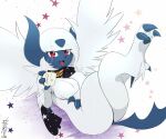  1girl :3 absol artist_name asymmetrical_horns badge black_scarf blue_skin body_fur claws coffee colored_skin commentary crossed_legs cup dated english_commentary eryz eyebrows_visible_through_hair eyes_visible_through_hair fang fluffy full_body furry fushigi_no_dungeon gen_3_pokemon hand_up happy holding holding_cup horns legs_up looking_at_viewer lying mega_absol mega_pokemon mug on_back open_mouth poke_ball_symbol poke_ball_theme pokemon pokemon_(creature) pokemon_(game) pokemon_mystery_dungeon red_eyes scarf short_hair signature smile solo sparkle star_(symbol) star_print starry_background steam tongue white_background white_fur white_hair white_wings wings 
