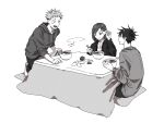  1girl 2boys :t adjusting_hair alternate_costume bangs bowl casual chopsticks commentary eating food fruit full_body fushiguro_megumi greyscale hand_in_hair holding holding_chopsticks hood hoodie itadori_yuuji jacket jujutsu_kaisen kneeling kotatsu kugisaki_nobara looking_at_another looking_down mandarin_orange monochrome multiple_boys noodles open_mouth orange_peel pants parted_bangs ramen shirt short_hair simple_background sitting smile socks soup spiked_hair steam sweater table tachibanakimi white_background 