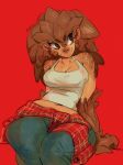  2020 anthro big_breasts bottomwear breasts bypbap clothing denim denim_clothing female hi_res jeans looking_away mammal navel pangolin pants red_background shirt simple_background sitting smile solo tank_top topwear 