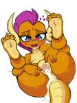  &lt;3 &lt;3_eyes 3_toes aer0_zer0 anthro blue_eyes bodily_fluids butt clitoris cum cum_in_pussy cum_inside dragon fangs feet female friendship_is_magic genital_fluids genitals hasbro hi_res my_little_pony presenting pussy smolder_(mlp) soles solo spreading toes young 