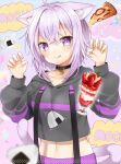  1girl ahoge animal_collar animal_ear_fluff animal_ears bangs black_hoodie blue_hair blurry blurry_foreground blush cat_ears cat_girl cat_tail claw_pose closed_mouth collar collarbone commentary_request crossed_bangs cup eyebrows_visible_through_hair food food_on_face fruit hair_between_eyes hands_up highres hololive hood hoodie ice_cream licking_lips long_sleeves medium_hair messy_hair midriff navel negi-mamire nekomata_okayu onigiri onigiri_print pizza purple_eyes sidelocks smile solo speech_bubble standing strawberry tail tongue tongue_out upper_body virtual_youtuber 