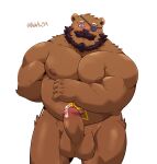  2021 absurd_res anthro balls beard big_balls black_nose blush brown_body brown_fur erection eye_patch eyewear facial_hair fur genitals hi_res humanoid_genitalia humanoid_hands humanoid_penis jumperbear kemono male mammal musclegut mustache overweight overweight_male penis solo ursid 