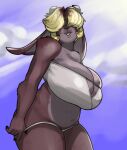  anthro big_breasts blonde_hair blue_sky bottomwear breasts brown_body buckteeth cleavage clothed clothing cloud conditional_dnp female floppy_ears hair hi_res horn huge_breasts long_ears narrowed_eyes navel simple_background sky solo swimwear teeth thick_thighs topwear undressing xopachi 