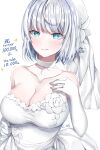  1girl alternate_costume bangs blue_eyes breast_suppress breasts bright_pupils choker cleavage collarbone davi_artman dress eyebrows_visible_through_hair hand_on_own_chest highres indie_virtual_youtuber large_breasts milestone_celebration re-ka short_hair silver_hair solo sparkle virtual_youtuber wedding_dress white_choker white_dress white_headwear white_pupils 