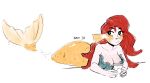  1girl absurdres bra breasts bright_pupils cleavage cup fish_tail head_fins highres kneeless_mermaid lying mermaid monster_girl nyma_(siebe_wierdsma) on_stomach original parted_hair red_hair sideways_glance siebe_wierdsma tail underwear white_pupils 