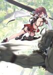  1boy 1girl absurdres ass baffu black_panties blue_eyes breasts commentary_request forest full_body highres hitoyo_(baffu) holding holding_sword holding_weapon large_breasts monster nature original panties red_hair red_skirt short_hair sideboob skirt solo_focus sword underwear weapon wide_sleeves 