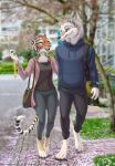  2021 4_toes 5_fingers anthro black_stripes blue_eyes blurred_background breasts canid canine canis chest_tuft clothed clothing digital_media_(artwork) digitigrade duo feet felid female fingers fur hoodie male mammal open_mouth orange_body orange_fur pantherine purse shinigamigirl smile striped_body striped_fur stripes talking_to_another teeth tiger toes tongue topwear tuft wolf yellow_eyes 