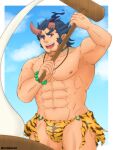  1boy bara beard broken_horn cowboy_shot dark_blue_hair demon_boy demon_horns facial_hair fang fiery_horns haori holding holding_mallet horns japanese_clothes jewelry kine long_sideburns looking_at_viewer male_focus mallet mature_male mochi muscular muscular_male necklace notakurun print_male_underwear scar_on_neck short_hair sideburns smile solo stubble takemaru_(tokyo_houkago_summoners) thick_eyebrows tiger_stripes tokyo_houkago_summoners underwear underwear_only yellow_male_underwear 