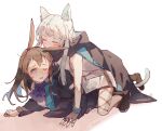  2girls amiya_(arknights) animal_ear_fluff animal_ears arknights artist_name ascot biting black_footwear black_gloves black_jacket blue_eyes blue_neckwear blush brown_hair bunny_ears bunny_girl cat_ears cat_girl cat_tail closed_eyes commentary dress ear_biting gloves green_hair highres infection_monitor_(arknights) interlocked_fingers jacket multiple_girls multiple_rings off_shoulder one_eye_closed open_mouth oripathy_lesion_(arknights) pinned rosmontis_(arknights) ryow_(740531380) shirt single_glove tail white_background white_dress white_shirt yuri 