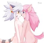  &lt;3 anthro blush boop canid canine caninu canis chocolat_gelato domestic_cat domestic_dog duo ear_piercing elh_meliz&eacute;e felid feline felineko felis female female/female flat_chested fur grey_hair hair hand_holding hi_res inner_ear_fluff kemono mammal nipples nipples_touching nose_boop nose_to_nose nude open_mouth padawanko piercing pink_body pink_fur pink_hair pomeranian portrait purple_eyes side_view simple_background smile solatorobo spitz three-quarter_portrait tuft video_games white_background yellow_eyes 