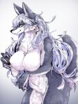  absurd_res anthro breasts canid canine canis cheek_tuft countershading facial_tuft featureless_breasts female fur grey_body grey_fur hair hi_res hitonounti kemono looking_at_viewer mammal nude portrait simple_background solo three-quarter_portrait tuft white_hair wolf yellow_eyes 