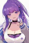  1girl bangs bb_(fate) bb_(fate)_(all) blush breasts cleavage collar contemporary earrings fate/extra fate/extra_ccc fate_(series) jewelry large_breasts long_hair long_sleeves looking_at_viewer off_shoulder open_mouth ponytail purple_eyes purple_hair smile very_long_hair vivi_(eve_no_hakoniwa) 