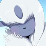  :3 absol absurdres animal_focus bangs blue_background blush closed_eyes closed_mouth colored_eyelashes commentary english_commentary eryz face fluffy gen_3_pokemon gradient gradient_background happy head_tilt highres light_blush mixed-language_commentary no_humans pokemon pokemon_(creature) shiny shiny_hair short_hair simple_background smile solo white_hair 