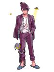  1boy 1other alien bang collarbone collared_shirt commentary_request danganronpa_(series) danganronpa_v3:_killing_harmony facial_hair finger_gun full_body goatee hands_in_pockets jacket leg_hug looking_at_viewer looking_down male_focus momota_kaito open_clothes open_jacket open_shirt pants pink_jacket pink_pants print_shirt purple_footwear purple_jacket purple_pants shirt shoes short_hair simple_background smile spiked_hair standing star_(symbol) star_print ufo white_shirt zoo_(oukakumaku) 
