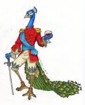  alcohol anthro avian beverage biped bird blue_body blue_feathers classy feathers galliform hi_res long_tail male melee_weapon peacock_feather peafowl phasianid royalty solo sword talons toxstar weapon wine wine_glass 