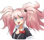  1girl :d :p absurdres big_hair black_jacket black_shirt blue_eyes blush bow breasts cleavage danganronpa:_trigger_happy_havoc danganronpa_(series) enoshima_junko hair_ornament hairclip highres jacket klaius large_breasts long_hair looking_at_viewer open_clothes open_jacket open_mouth red_bow shirt simple_background smile solo tongue tongue_out twintails upper_body white_background 