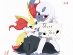  1girl :3 absol absurdres alternate_eye_color animal_ear_fluff animal_ears animal_nose arm_around_shoulder artist_name bangs blue_eyes blush claws closed_mouth commentary dated english_commentary english_text eryz eyebrows_visible_through_hair fluffy fox_ears fox_girl fox_tail furry gen_3_pokemon hand_on_own_knee hand_up happy head_tilt heart highres holding holding_paper hug knees_up legs_together looking_at_viewer number open_mouth paper paw_print pokemon pokemon_(creature) red_eyes short_hair signature simple_background sitting smile snout tail thank_you white_background white_hair 