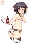  alternate_costume animal_ears animal_print artist_logo ass black_hair blush bottle commentary_request cow_ears cow_horns cow_print cow_tail cowboy_shot dated ear_tag fake_animal_ears fake_horns from_behind highres horns ishigaki_(kancolle) kanon_(kurogane_knights) kantai_collection looking_at_viewer looking_back nose_blush purple_eyes short_hair simple_background standing tail thighhighs white_background white_legwear 