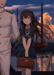  1boy 1girl absurdres admiral_(kancolle) akagi_(kancolle) bag bangs blush boat brown_eyes brown_hair closed_mouth cloud collarbone epaulettes eyebrows_visible_through_hair hand_on_another&#039;s_shoulder handbag highres i-class_destroyer ichikawa_feesu kantai_collection kneehighs long_hair long_sleeves looking_at_another military military_uniform naval_uniform neckerchief outdoors pleated_skirt reflection sailor_collar school_bag school_uniform serafuku shirt short_sleeves skirt sky smile standing sunset uniform water watercraft white_neckwear younger 