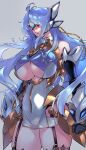  1girl absurdres bare_shoulders blue_hair breasts cowboy_shot forehead_protector garter_straps gloves highres huge_breasts kos-mos_ver._4 long_hair negresco red_eyes solo thick_thighs thighs xenoblade_chronicles_(series) xenoblade_chronicles_2 xenosaga 