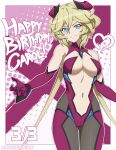  1girl absurdres blonde_hair blush breasts carol_malus_dienheim character_name chuunioniika cleavage dated elbow_gloves gloves hair_between_eyes happy_birthday heart highres large_breasts long_hair mole mole_under_eye navel older parted_lips senki_zesshou_symphogear shiny shiny_hair shiny_skin smile solo standing teeth twintails 