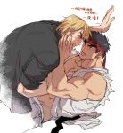  2boys agtkme2304 anger_vein bara bare_pecs black_hair blush couple eye_contact grabbing headband highres imminent_kiss ken_masters looking_at_another male_focus mature_male multiple_boys muscular muscular_male on_person pectoral_grab pectorals ryu_(street_fighter) short_hair sketch sleeveless spiked_hair street_fighter street_fighter_ii_(series) thick_eyebrows translation_request yaoi 