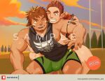  2boys animal_ears bara bare_arms bare_pecs bare_shoulders black_hoodie brown_eyes brown_hair bulge cerberus_arts couple cow_boy cow_ears dark_skin dark_skinned_male facial_hair feet_out_of_frame forked_eyebrows goatee grabbing green_shorts groping gunzo_(tokyo_houkago_summoners) hand_under_clothes head_on_another&#039;s_shoulder hood hoodie interracial large_pectorals male_focus mature_male multiple_boys muscular muscular_male nipples one_eye_closed pectoral_grab reward_available sample short_hair shorts sideburns sleeveless sleeveless_hoodie spiked_hair stubble thick_eyebrows thick_thighs thighs tight tokyo_houkago_summoners wakan_tanka yaoi 