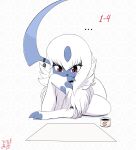 ... absol absurdres animal_focus artist_name bangs claws commentary dated english_commentary eryz fluffy gen_3_pokemon hand_up head_rest highres horn_ornament horns ink inkwell looking_down lying mega_stone number on_side paper pokemon pokemon_(creature) red_eyes short_hair signature simple_background solo white_background white_hair 