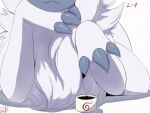  :3 absol absurdres animal_focus artist_name claws closed_mouth commentary dated dripping eryz fluffy gen_3_pokemon hands_up happy head_rest highres ink inkwell lower_body lying number on_side paper pokemon pokemon_(creature) signature simple_background smile solo white_background 
