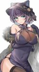 1girl :3 aqua_hair azur_lane bangs bare_shoulders black_hair black_headwear blue_eyes blunt_bangs blush breasts cheshire_(azur_lane) cheshire_(cait_sith_crooner)_(azur_lane) china_dress chinese_clothes cleavage covered_navel dress elbow_gloves feather_boa futasan gloves hat impossible_clothes impossible_shirt large_breasts looking_at_viewer looking_to_the_side medium_hair multicolored_hair official_alternate_costume pelvic_curtain purple_dress purple_gloves see-through shirt side_slit sleeveless sleeveless_dress streaked_hair thighhighs thighs two-tone_hair white_background 