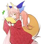  +++ 1girl ;d animal_ear_fluff animal_ears bangs blue_ribbon blush brown_eyes commentary_request eyebrows_visible_through_hair fan fate/extra fate_(series) folding_fan fox_ears fox_girl fox_tail hair_between_eyes hair_ribbon hakama haryuu_(poetto) highres holding holding_fan japanese_clothes kimono long_hair long_sleeves looking_at_viewer one_eye_closed open_clothes open_mouth outstretched_arm pink_hair pink_hakama ponytail ribbon simple_background smile solo tail tamamo_(fate)_(all) tamamo_no_mae_(fate) white_background white_kimono wide_sleeves 
