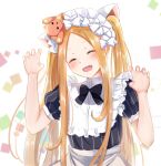  1girl :d abigail_williams_(fate) animal_ears apron arm_up bangs black_bow black_dress blonde_hair blush bow bowtie cat_ears claw_pose closed_eyes collar commentary_request dress fake_animal_ears fate/grand_order fate_(series) fingernails frilled_collar frills gao_kawa hair_bow hand_up long_hair maid_headdress multiple_hair_bows nail_polish object_on_head open_mouth parted_bangs pink_nails puffy_short_sleeves puffy_sleeves short_sleeves smile solo stuffed_animal stuffed_toy teddy_bear twintails very_long_hair waist_apron white_bow white_collar 