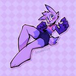  &lt;3 &lt;3_eyes anthro blush bottomwear claws clothing female fur hi_res high_waisted_pants looking_at_viewer mammal mouthless multicolored_eyes purple_body purple_eyes purple_fur shirt short_eyebrows shorts solo tank_top thick_thighs topwear unknownspy wide_hips 
