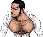  1boy abs bara bare_pecs beard black_hair brown_eyes buzz_cut chest_hair collarbone facial_hair foreshortening golden_kamuy hairy highres large_pectorals long_sideburns male_focus mature_male muscular muscular_male navel_hair nipples open_clothes open_shirt pectoral_focus pectorals shirt short_hair sideburns solo stubble sweat tanigaki_genjirou thick_eyebrows upper_body very_short_hair white_shirt ye_(ye79132751) 